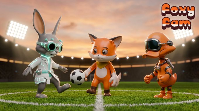 Three anthropomorphic cartoon animals—a gray rabbit in green sci-fi goggles, a fox in an orange scarf, and a duck pilot in a helmet—prepare for a soccer match on a stadium field with a black-and-white ball, while the "FoxyFam" logo appears in the top right. The whimsical scene of a World Cup-style showdown ties into the "FOXYCUP GOES TO EXTRA TIME" post, capturing the playful, competitive spirit of the crypto football tournament and its airdrop rewards.