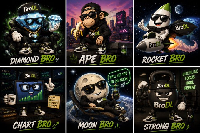 A grid of six cartoon characters representing different 'Bro' archetypes — Diamond Bro, Ape Bro, Rocket Bro, Chart Bro, Moon Bro, and Strong Bro — all wearing merchandise branded with 'BroDL'.