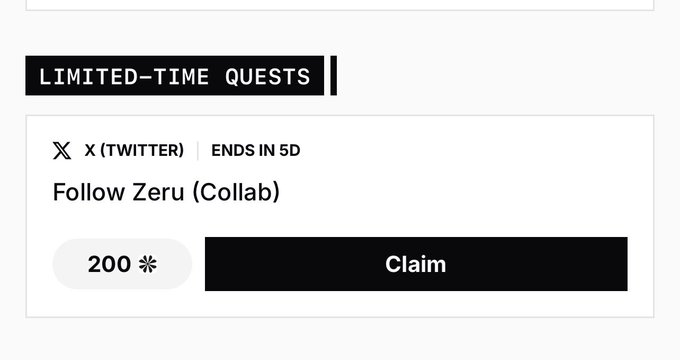 A limited-time quest prompt offering 200 reward points for following Zeru (Collab) on X (Twitter), ending in 5 days.