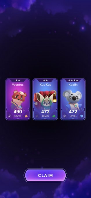 Mobile game screen showing three character cards—Wontus (level 490, fire), Kus Kus (level 472, nature), and Koalin (level 472, water)—with a CLAIM button at the bottom.