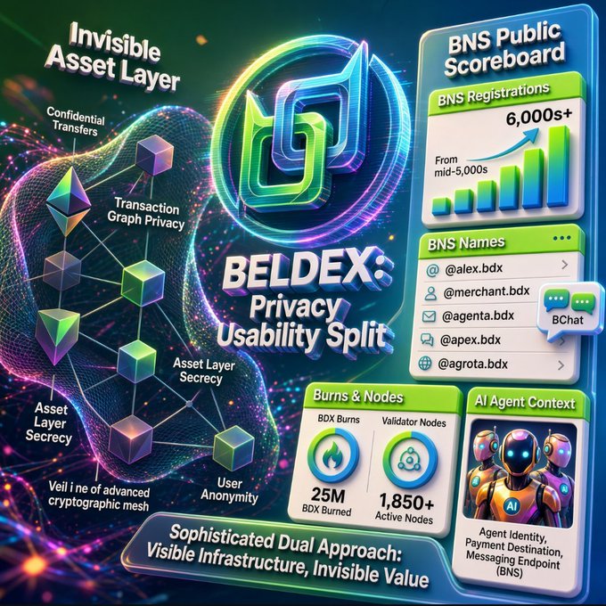 A promotional infographic for BELDEX titled 'Privacy Usability Split,' highlighting features like 'Invisible Asset Layer,' 'Confidential Transfers,' 'BNS Public Scoreboard' (6,000+ registrations), 'Burns & Nodes' (25M BDX Burned, 1,850+ Active Nodes), and 'AI Agent Context'.
