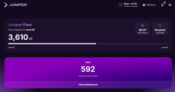 A screenshot of the Jumper platform shows a 'Jumper Pass' at Level 25 with 3,610 XP, 68 XP earned last month, 30 perks unlocked, and a Rank of 592.