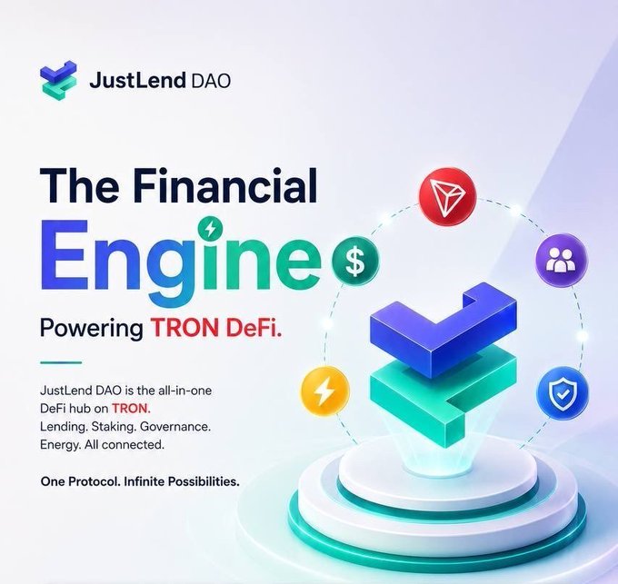 An advertisement for JustLend DAO titled 'The Financial Engine: Powering TRON DeFi,' describing it as an all-in-one DeFi hub for lending, staking, and governance.