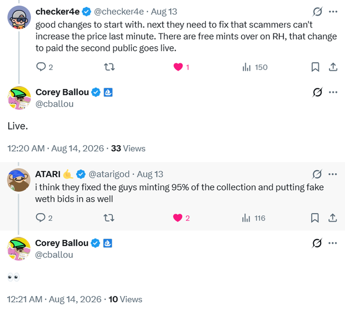 A screenshot of X (formerly Twitter) replies showing user @checker4e suggesting fixes for OpenSea regarding scammers and pricing, followed by @cballou (Corey Ballou) responding "Live." indicating the fix was implemented, and @atarigod noting that another issue (guys minting 95% of collections) was also addressed. The exchange illustrates the community feedback loop praised in the accompanying post, where OpenSea's team under Corey Ballou actively responded to trader concerns and deployed fixes.