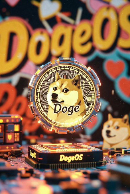 The image features a computer chip with a Dogecoin logo on top of it, surrounded by various other computer chips. In the background, there are two cartoon dogs sitting next to each other. The text "DogeOS" can be seen in the image as well.