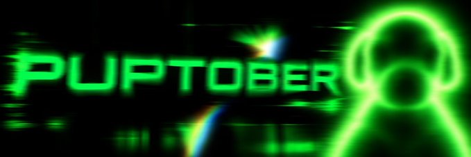 Glitchy green text reading 'PUPTOBER' next to a neon green outline of a figure on a black background.