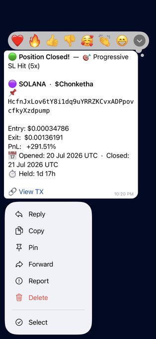 A screenshot of a cryptocurrency trading app showing a closed position for SOLANA ($Chonketha) with details including Entry: $0.00034786, Exit: $0.00136191, and PnL: +291.51%.