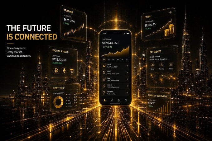 A promotional graphic with the text 'THE FUTURE IS CONNECTED' showcasing a smartphone interface for trading, digital assets, and portfolio management set against a golden cityscape.