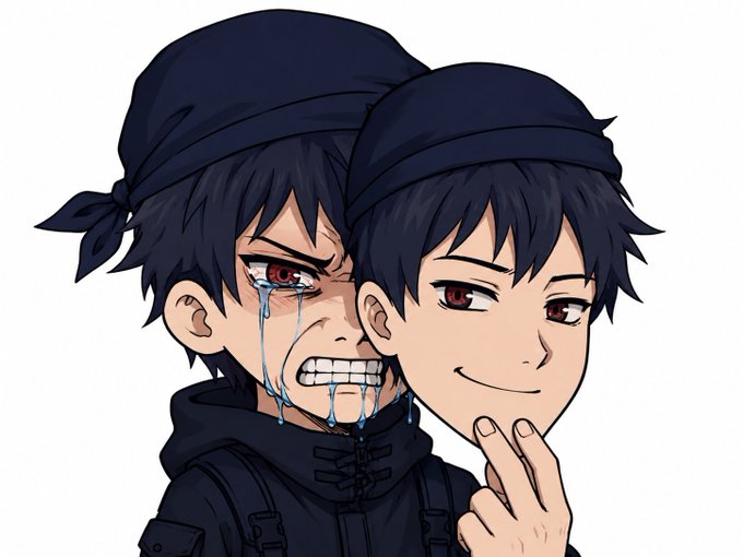 An anime-style image showing a person with a bandana depicted in a "two-faced" meme format, where one side of the face shows an exaggerated, fake crying expression with tears streaming down, while the other side shows a sly, smirking face. The visual cleverly represents the post's sarcastic tone, where the speaker's outward display of happiness for their friend's ANMEM investment gain is actually masking jealousy or disbelief.