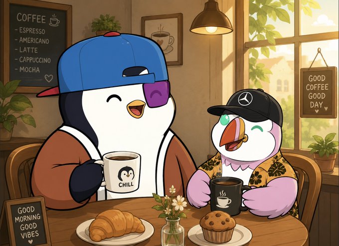 Two cartoon penguins relax at a sunlit café table, one wearing a blue cap sipping from a "CHILL" mug alongside a croissant, the other in a Mercedes cap enjoying a cookie and dark coffee. The scene's cozy "Good Morning, Good Vibes" and "Good Coffee Good Day" chalkboards echo the post's relaxed Sunday vibe of healthy eating, family time, and recharging before Monday.