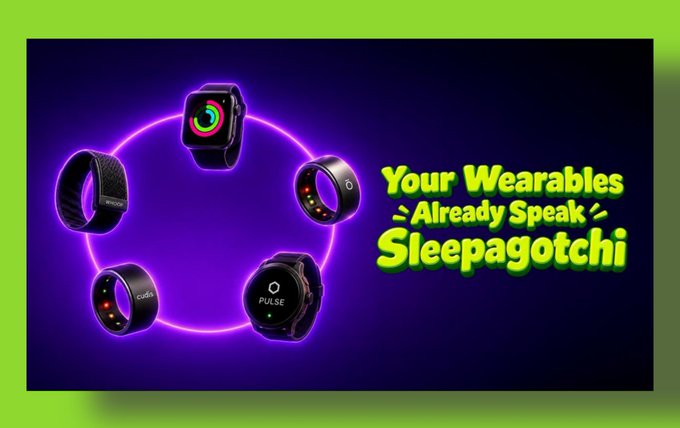 A promotional graphic featuring smartwatches and fitness bands arranged in a neon circle with the text 'Your Wearables Already Speak Sleepagotchi'.
