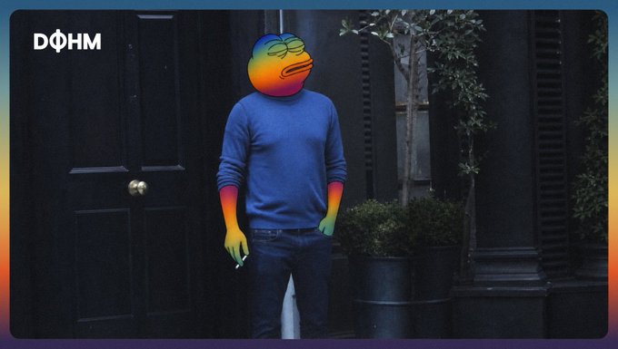 A person wearing a blue sweater stands in front of a dark doorway with their face edited to show a colorful, weary-looking cartoon character, humorously reflecting the "tired" sentiment in the caption about abandoning charts to show the vault, with the "DØHM" logo in the upper left corner.