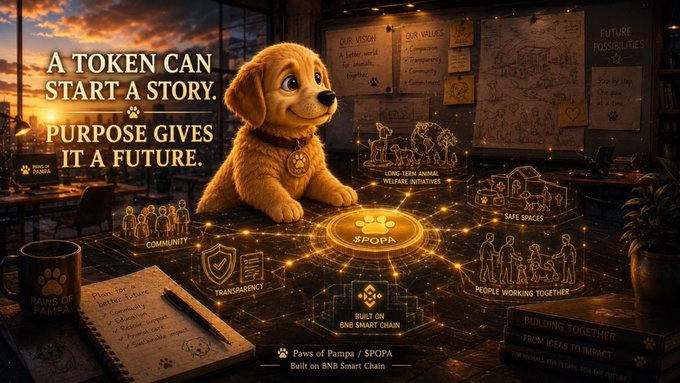A promotional image for Paws of Pampa / SPOPA, a cryptocurrency built on BNB Smart Chain, showing a puppy toy with the tagline 'A TOKEN CAN START A STORY. PURPOSE GIVES IT A FUTURE.'