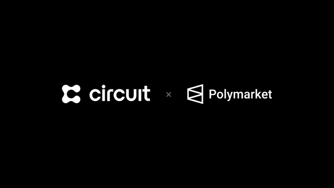 A black promotional graphic displaying the Circuit and Polymarket logos side by side, separated by a small "x" to indicate their partnership. The image visually reinforces the post's announcement of Circuit's prediction market trading beta, powered by Polymarket's data infrastructure.