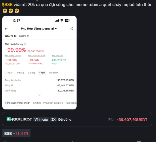 A cryptocurrency trading screenshot showing a -99.99% loss on USDⓈ-M COIN-M futures, with text in Vietnamese mentioning BSB and meme coins.
