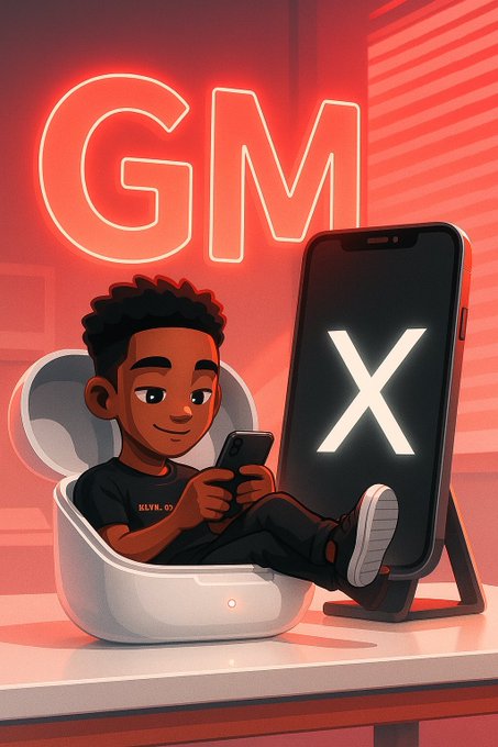 A digital illustration of a young boy sitting in a futuristic pod chair holding a phone, next to a large phone displaying the X logo, with a red 'GM' neon sign behind him.