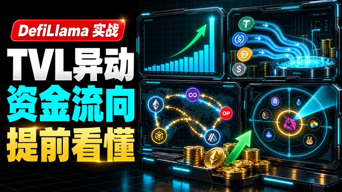 Vibrant Chinese-language thumbnail titled 'DefiLlama 实战 TVL异动 资金流向 提前看懂' featuring futuristic digital displays, glowing charts, and various cryptocurrency logos including Ethereum, Solana, and Bitcoin.