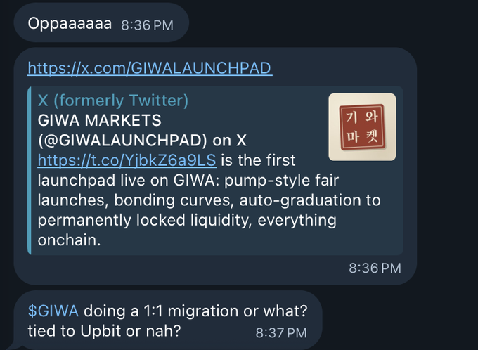 A Telegram chat screenshot showing a link preview for GIWA MARKETS (@GIWALAUNCHPAD) on X (formerly Twitter), describing it as a live launchpad with pump-style fair launches, followed by a user message asking about a $GIWA migration.