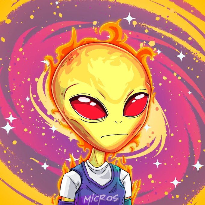A colorful digital illustration of an alien character with fiery hair, red eyes, and a purple basketball jersey reading 'MiCROs', set against a swirling pink and orange cosmic background.
