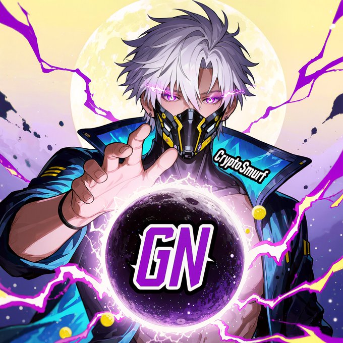 An anime-style character with silver and black hair, purple eyes, and a tech-style mask, labeled 'CryptoSmurf' on their jacket, reaches forward with a purple glowing orb displaying 'GN' in front of them.