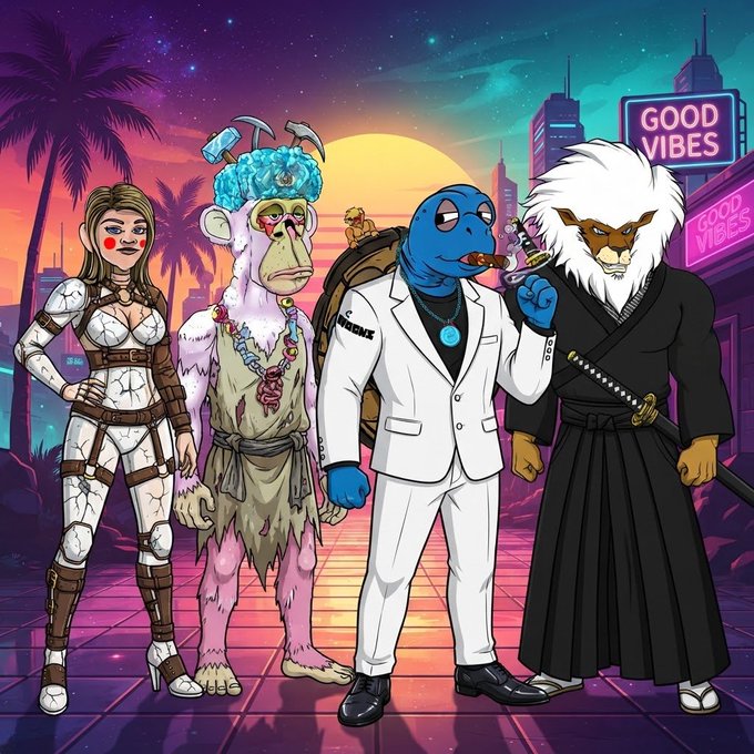 An illustrated retro-style scene features four characters—a woman in white, a zombie with a pickaxe in its head, a blue turtle-faced figure in a white suit holding a syringe, and a white-maned warrior in a black kimono with a sword—standing in front of a sunset cityscape with a 'GOOD VIBES' neon sign.