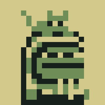 A pixel art illustration of Yoda from Star Wars, rendered in shades of green, black, and beige against a solid pale yellow background.
