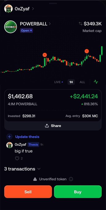 A screenshot of a trading interface showing a POWERBALL token with a current value of $1,462.68, an 818.36% gain ($2,441.24), and a market cap of $349.3K, alongside a bullish price chart. The post markets the user's trading success as proof of their foresight, encouraging others to follow them on Fomo and join their Telegram group to replicate similar gains.