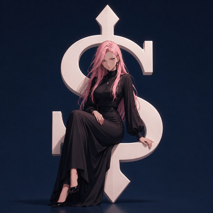 An anime-style illustration shows a woman with long pink hair in a black dress sitting on a large white dollar sign symbol.