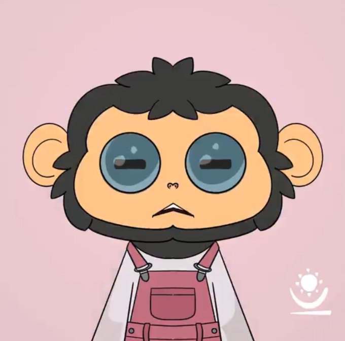 A cartoon illustration of a sad-looking monkey character with large blue eyes, dark hair, and a beard, wearing a white shirt and pink overalls against a pink background.