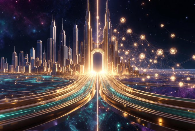 A futuristic digital artwork depicting a glowing sci-fi cityscape with skyscrapers, light trails, and a network of connected nodes against a starry cosmic background.