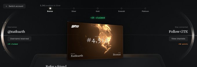 The image shows a GTE (Glacier Token Exchange) dashboard displaying the user "Xutkueth" at the Bronze tier with rank #4,512, having claimed +25 points with 2,243 positions to Silver. The accompanying post promotes joining the GTE waitlist via a referral link (waitlist.gte.xyz/r/0XK1W), which aligns with the dashboard showing a reserved username and points earned through the referral program.