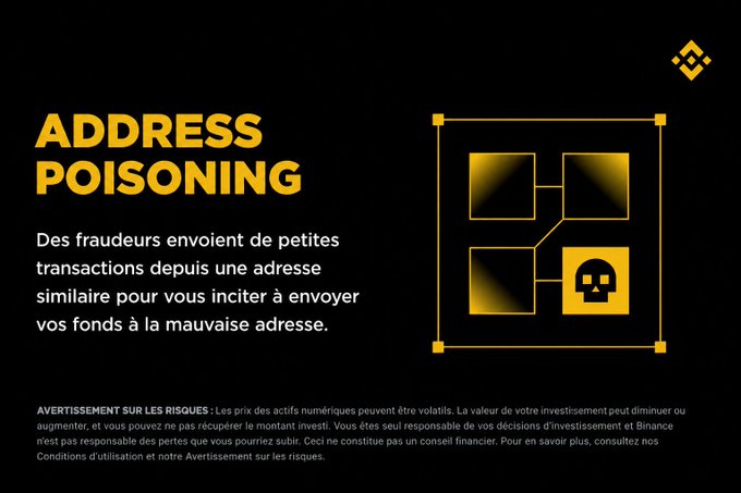 A Binance-style educational graphic warning about address poisoning scams, featuring bold yellow text "ADDRESS POISONING" alongside a warning that fraudsters send small transactions from similar addresses to trick users into sending funds to the wrong destination. The accompanying post reinforces this by advising crypto users to always verify addresses before sending funds.