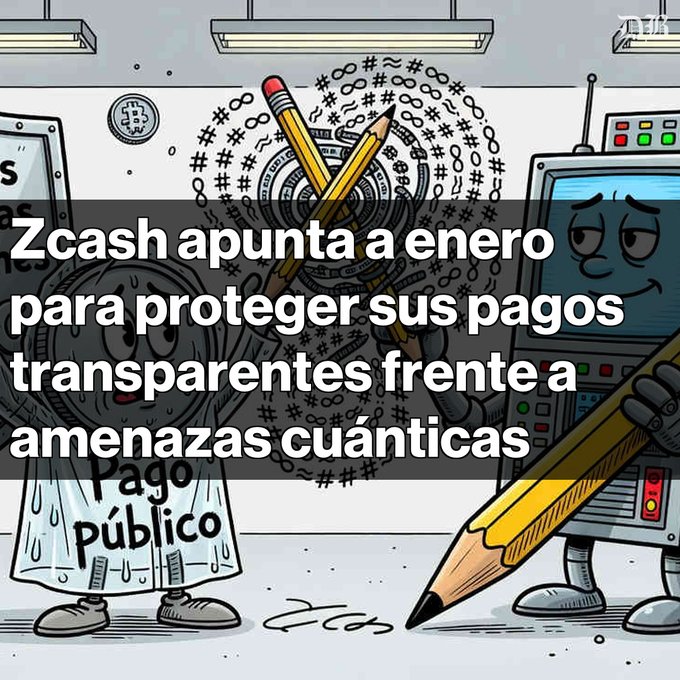 A cartoon illustration of anthropomorphized characters representing digital security with Spanish text overlay reading 'Zcash apunta a enero para proteger sus pagos transparentes frente a amenazas cuánticas'.