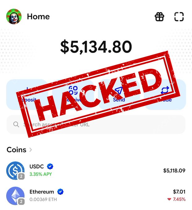 The image shows a crypto wallet dashboard displaying a balance of $5,134.80, with holdings of USDC ($5,118.09, 3.35% APY) and Ethereum ($7.01, down 7.45%), overlaid with a large red "HACKED" stamp. This visual supports the post's claim that the user (@_Auza_) likely suffered a wallet compromise, possibly after launching and rugging a token.