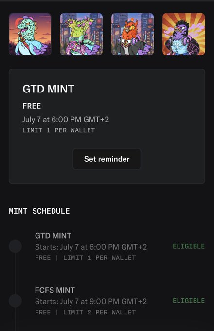 The image shows an NFT mint schedule for the "WIN" collection on OpenSea, displaying character artwork thumbnails and details for the **GTD MINT** (Free, July 7 at 6:00 PM GMT+2, Limit 1 per wallet) and **FCFS MINT** (Free, July 7 at 9:00 PM GMT+2, Limit 2 per wallet), both marked as ELIGIBLE. This aligns with the post's reminder to check eligibility and set a reminder for the upcoming mint event.