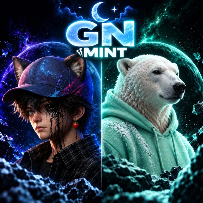 A digital artwork or album cover with the text 'GN MINT' at the top, featuring an anime-style character with cat ears and a galaxy-patterned cap on the left, and a polar bear wearing a mint-green hoodie on the right, set against a cosmic space background.