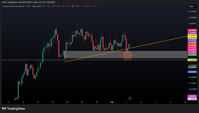 A TradingView candlestick chart for the Cardano Perpetual Contract (ADA/USDC) showing price action with an ascending trendline and a highlighted zone.