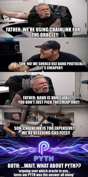 A four-panel meme uses the 'American Chopper Argument' format to depict a father and son debating between Chainlink and Band Protocol for an oracle, before both agreeing to use Pyth Network.