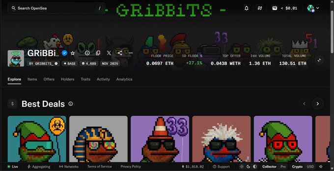 A screenshot of the GRiBBiTS NFT collection on OpenSea, displaying a floor price of 0.0697 ETH, a 1D floor change of +27.1%, and a total volume of 130.51 ETH, with various pixelated character NFTs showcased under the "Best Deals" section. The image visually supports the post's claim about GRiBBiTS being a community-run NFT collection poised for increased interest and value from ETH communities like the TIBBIR commune and punk holders.