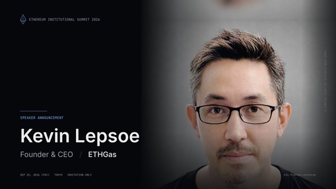 A speaker announcement graphic for the Ethereum Institutional Summit 2026 featuring Kevin Lepsoe, Founder & CEO of ETHGas, scheduled for Sep 26, 2026 in Crete.