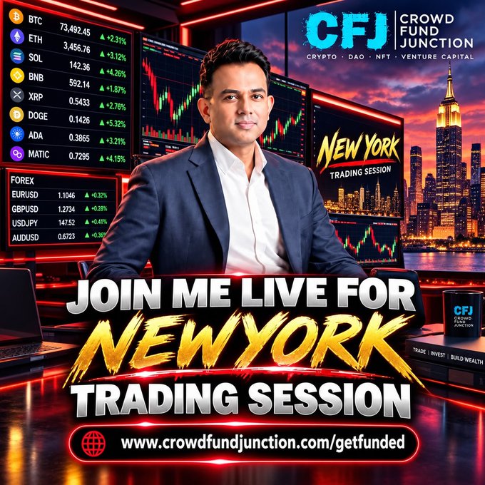 A promotional graphic for "Crowd Fund Junction" (CFJ) featuring a man in a suit standing before trading screens displaying cryptocurrency prices (BTC at 73,492.45, ETH, SOL, BNB, XRP, DOGE, ADA, MATIC) and forex pairs, with a New York City skyline at sunset and bold text reading "JOIN ME LIVE FOR NEW YORK TRADING SESSION" alongside the URL www.crowdfundjunction.com/getfunded, directly reinforcing the post's invitation to join a live New York trading session.