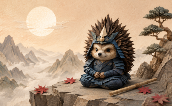 A fantasy illustration of a hedgehog wearing blue samurai armor and a spiky helmet, sitting cross-legged on a cliff with mountains and a moon in the background.
