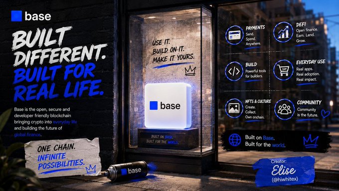 Base promotional artwork reading “Built different. Built for real life” and “One chain. Infinite possibilities,” highlighting payments, DeFi, apps and culture, everyday use, and the Base community.