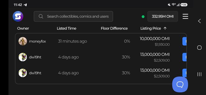 A mobile app screenshot showing a marketplace listing on what appears to be an NFT platform, with a balance of '332.95M OMI' and listings including 'moneyfox' for 10,000,000 OMI ($1,930.00) and 'dwf9ht' for 13,000,000 OMI ($2,509.00).