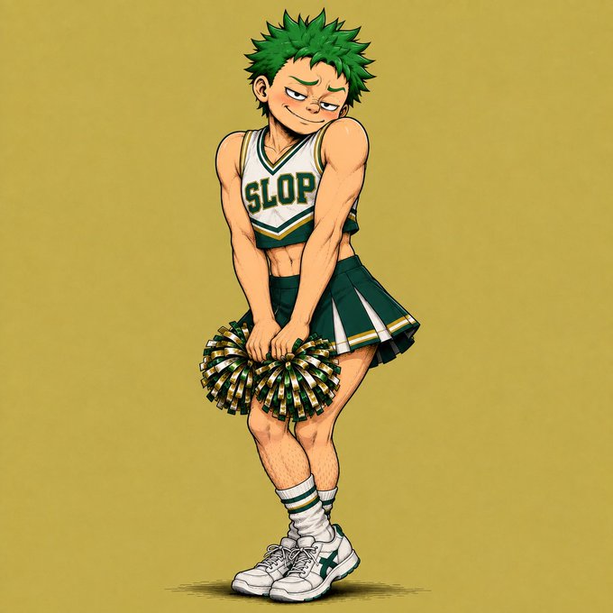 A cartoon cheerleader with spiky green hair poses in a green and white uniform that reads "SLOP" across the chest, holding pom-poms with a smirky, defiant expression. The image plays off the "Fk u bro" caption by pairing the rude sentiment with a mock-cheerleader figure proudly displaying the self-deprecating word "SLOP" as if cheering it on.