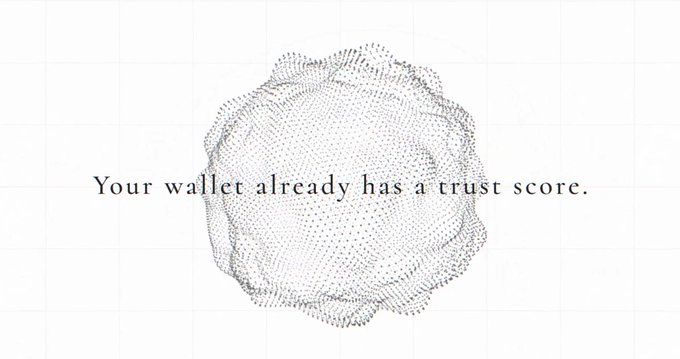 A minimalist graphic featuring a topographical map pattern overlaid with the text 'Your wallet already has a trust score.'