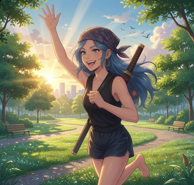 An anime-style illustration of a cheerful girl with long blue hair, a bandana, and a katana strapped to her back, waving in a sunny park with a city skyline in the distance.