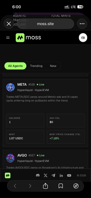 Mobile screenshot of the moss.site app browser showing the 'MOSS' interface with AI agents like META (#028) and AVGO (#027) on Hyperliquid's HyperEVM, displaying trading metrics including holders, volume, mint prices, and price changes.