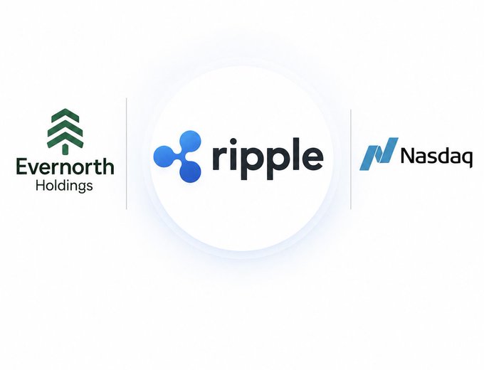The image displays three logos arranged side by side: Evernorth Holdings on the left, Ripple in the center (highlighted within a glowing circle), and Nasdaq on the right, visually representing the partnership and upcoming public listing of the XRP treasury vehicle (XRPN) on Nasdaq.