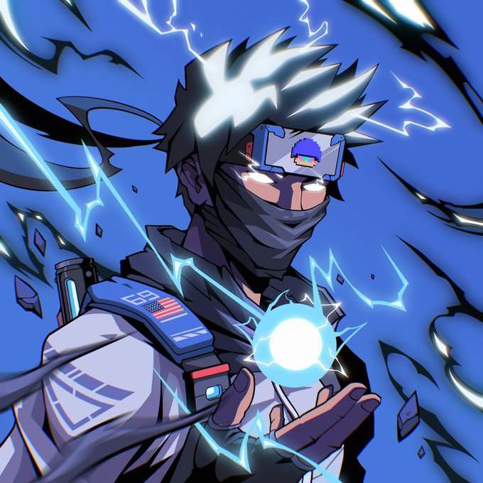 A stylized digital illustration of a spiky-haired masked character wearing futuristic goggles, with a glowing blue energy orb in their hand and lightning crackling around them.